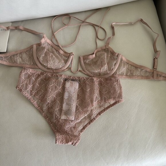 NWT GUCCI LINGERIE SET PINK GG TULLE LACE BOWS NECK AROUND HALTER BRA SET - Picture 10 of 10